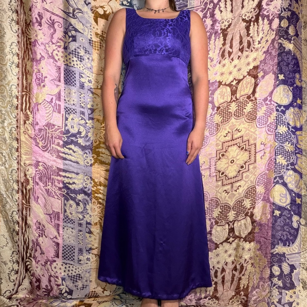 Purple Lace Whimsigoth Twee Square Neck Full Length Satin Formal Dress Size S